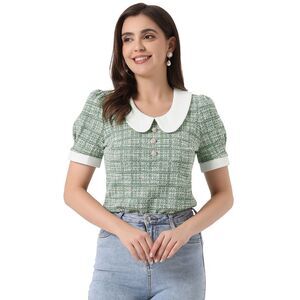 Tweed Top Button Decor Peter Pan Collar Blouse Green